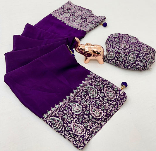 Designer New Trending Gajji Silk Bollywood Saree with Printed Pallu & Contrast Blouse
