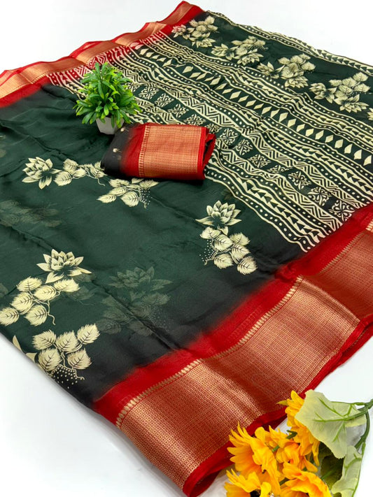 Jalpari Marshmallow Kalamkari Print Jacquard Border Beautiful Border Saree With Blouse