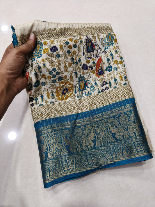 Dola Jequard Border Digital Warli Printed Beautiful Art Work Saree