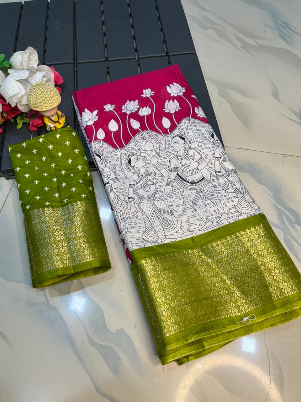 Jalpari Kalamkari Jacquard Border Beautiful Colors Art Work Saree