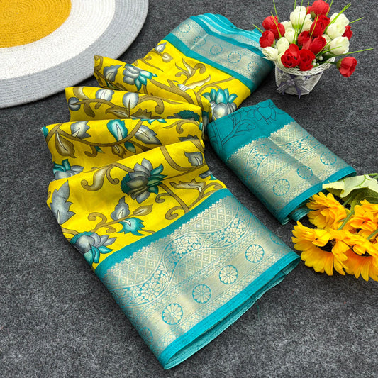 Jalpari Saree Dola Kalamkari Print Jacquard Border Beautiful Border Saree With Blouse