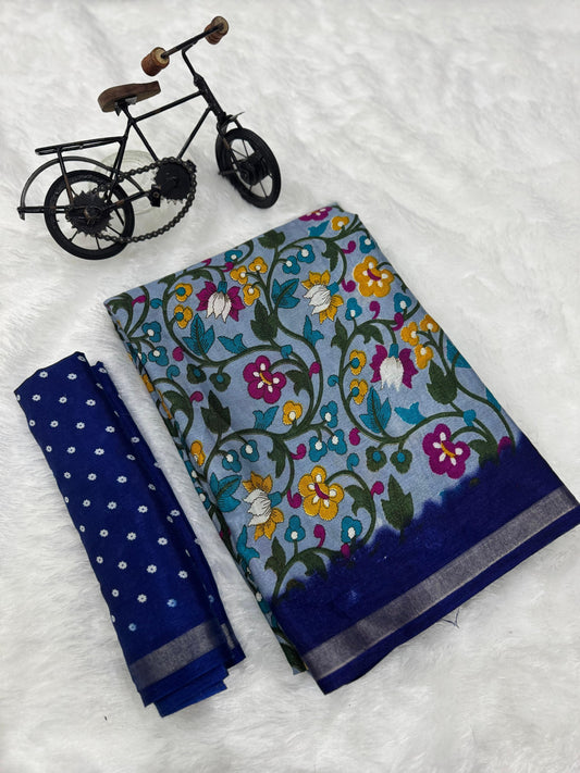 Jaipuri Hand Block Printed Soft Cotton Mulmul Saree ,Sanganeri Cotton Malmal Saree, Bagru Cotton Saree, Batic / Batik Print Cotton saree With Attached Blouse