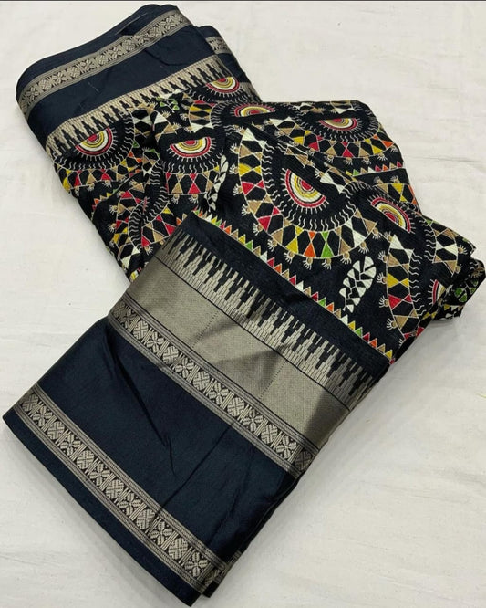 Dola Jequard Sequnce Border Digital Warli Printed Beautiful Art Work Saree