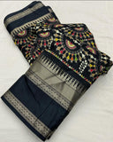 Dola Jequard Sequnce Border Digital Warli Printed Beautiful Art Work Saree