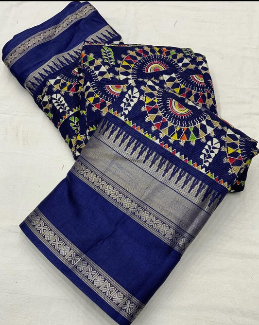 Dola Jequard Sequnce Border Digital Warli Printed Beautiful Art Work Saree