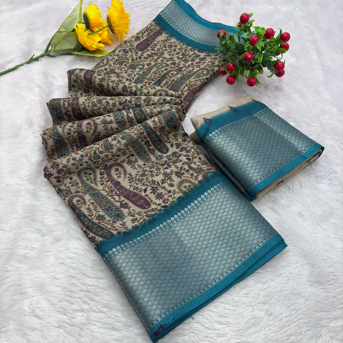 Jalpari Saree Dola Kalamkari Print Jacquard Border Beautiful Border Saree With Blouse