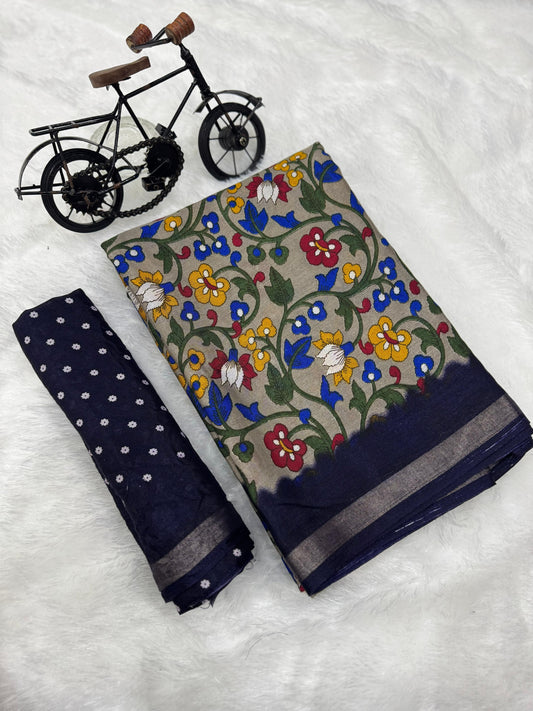 Jaipuri Hand Block Printed Soft Cotton Mulmul Saree ,Sanganeri Cotton Malmal Saree, Bagru Cotton Saree, Batic / Batik Print Cotton saree With Attached Blouse