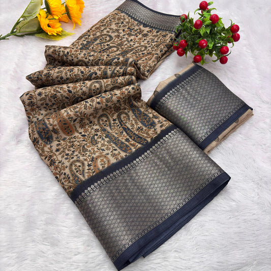 Jalpari Saree Dola Kalamkari Print Jacquard Border Beautiful Border Saree With Blouse