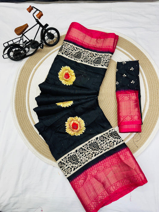 Jalpari Saree Sequence Flower Print Jacquard Border Beautiful Border Colors Art Saree