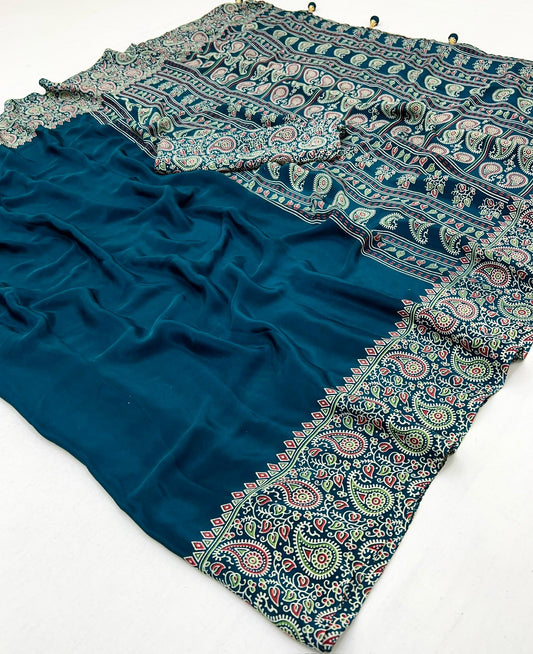 Designer New Trending Beautiful Gajji Silk Bollywood Saree with Printed Pallu & Contrast Blouse