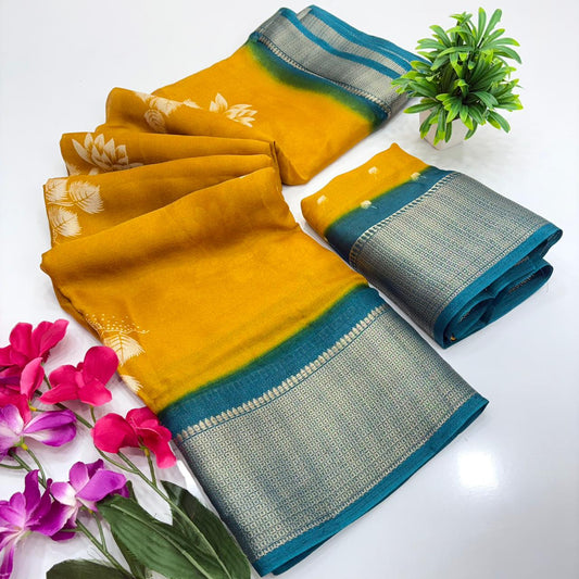 Jalpari Marshmallow Kalamkari Print Jacquard Border Beautiful Border Saree With Blouse