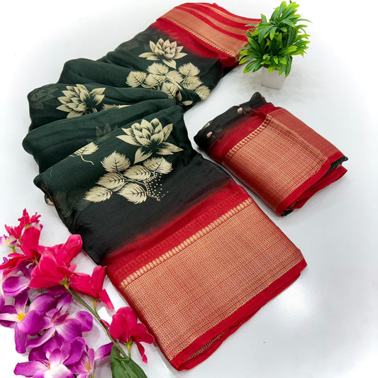 Jalpari Marshmallow Kalamkari Print Jacquard Border Beautiful Border Saree With Blouse