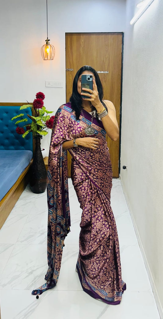 New Bollywood Designer Gaji Silk Designer Saree with Printed Pallu & Contrast Blouse