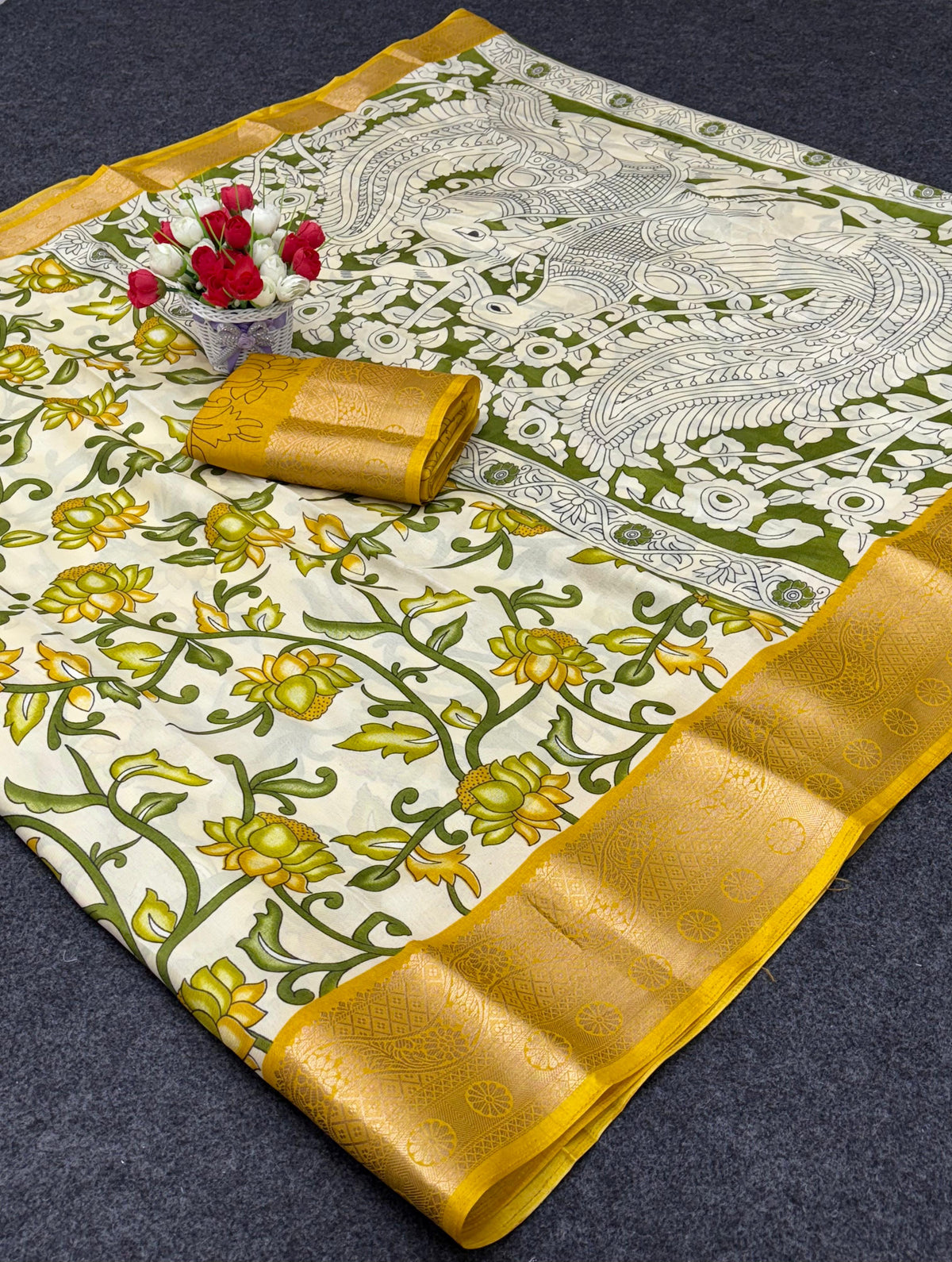 Jalpari Saree Dola Kalamkari Print Jacquard Border Beautiful Border Saree With Blouse