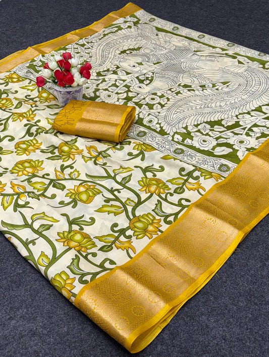 Jalpari Saree Dola Kalamkari Print Jacquard Border Beautiful Border Saree With Blouse