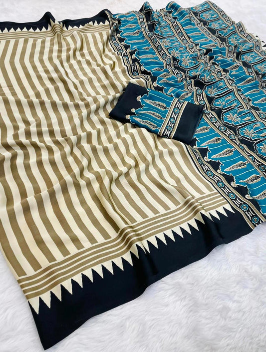Trending Beautiful Gajji Silk Bollywood Saree with Printed Pallu & Contrast Blouse
