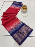Jalpari Saree Trending Flower Print Jacquard Border Beautiful Border Colors Art Saree Work