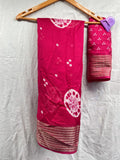 Marshmallow Fabric Saree with Jacquard Zari Border and Contrast Blouse Soft Fabrics