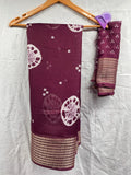 Marshmallow Fabric Saree with Jacquard Zari Border and Contrast Blouse Soft Fabrics