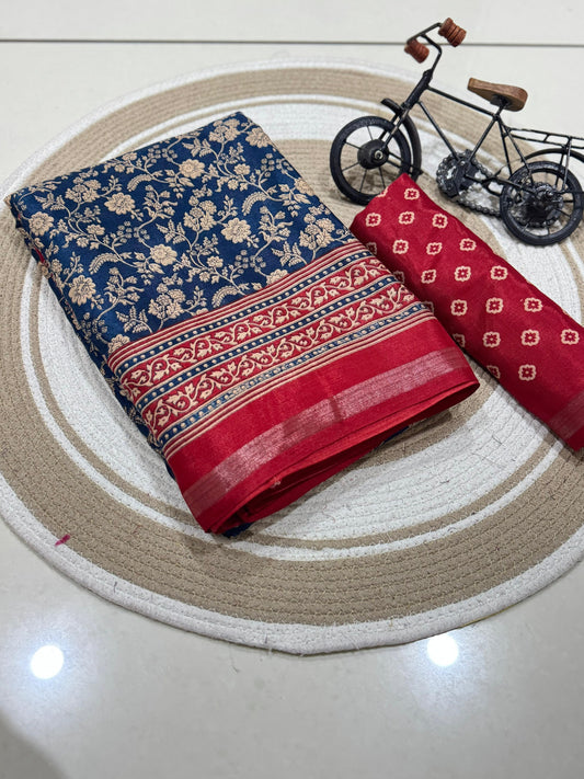 Jaipuri Hand Block Printed Soft Cotton Mulmul Saree ,Sanganeri Cotton Malmal Saree, Bagru Cotton Saree, Batic / Batik Print Cotton saree With Attached Blouse Piece