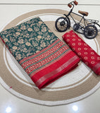 Jaipuri Hand Block Printed Soft Cotton Mulmul Saree ,Sanganeri Cotton Malmal Saree, Bagru Cotton Saree, Batic / Batik Print Cotton saree With Attached Blouse Piece