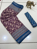 Jaipuri Hand Block Printed Soft Cotton Mulmul Saree ,Sanganeri Cotton Malmal Saree, Bagru Cotton Saree, Batic / Batik Print Cotton saree With Attached Blouse Piece
