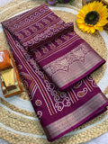 Cotton Dola Silk Jacquard Border Bandhani Printed Jari Work Sari with Blouse