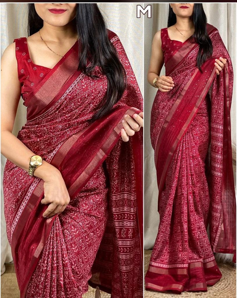 Dola Sequnce Jequard Border Digital Warli Printed Beautiful Art Work Saree