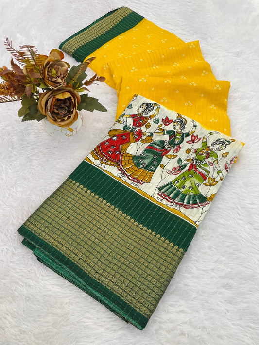 Dola Jequard Reco Sparkle Digital Printed Beautiful Temple kalamkari Art Work Saree