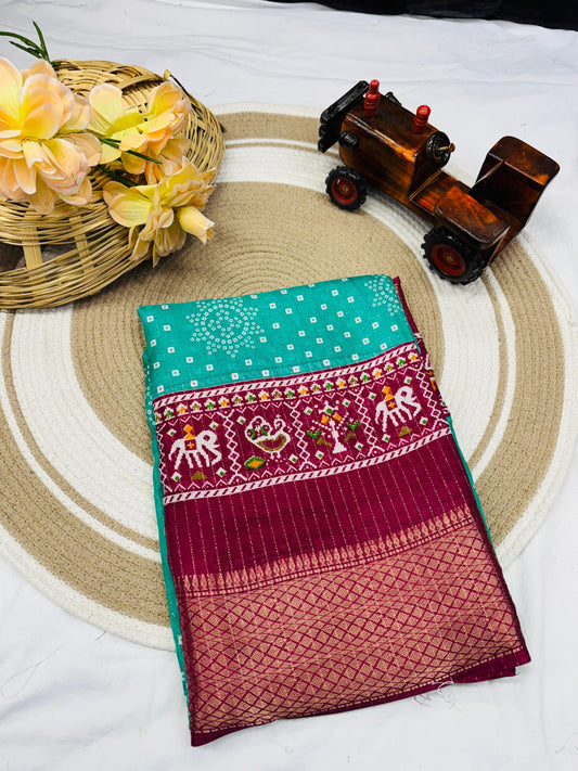JAQURD DOLA SILK SPARKLE ZARI BANDHNI PRINT WITH JACQUARD BODAR