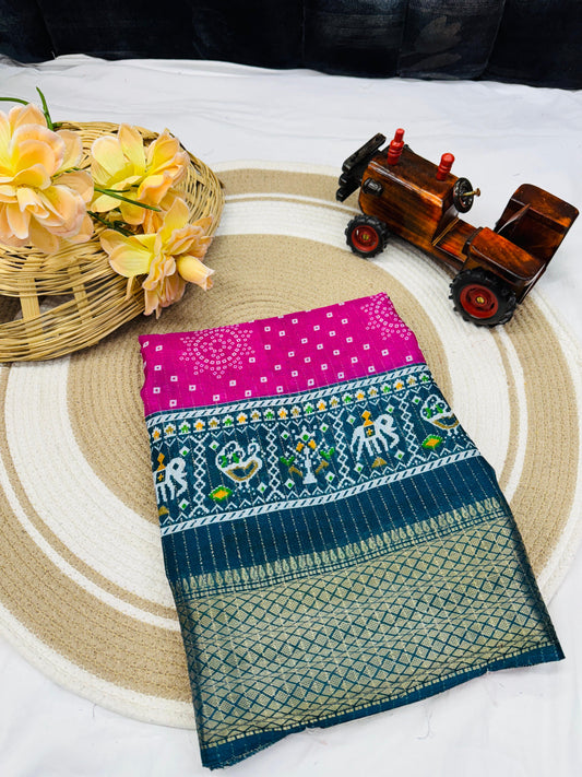JAQURD DOLA SILK SPARKLE ZARI BANDHNI PRINT WITH JACQUARD BODAR