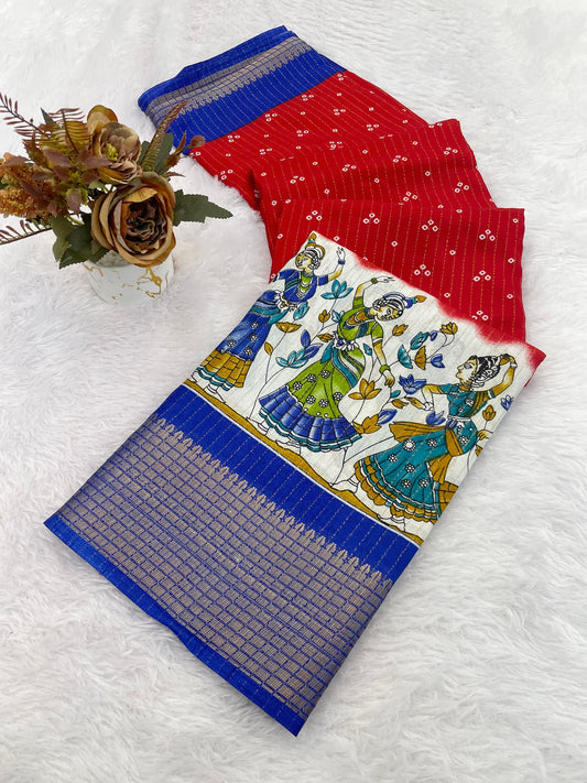 Dola Jequard Reco Sparkle Digital Printed Beautiful Temple kalamkari Art Work Saree