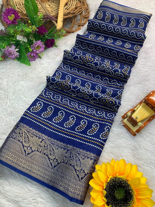 Cotton Dola Silk Jacquard Border Bandhani Printed Jari Work Sari