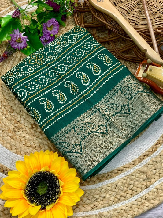 New Cotton Dola Silk Jacquard Border Bandhani Printed Jari Work Sari