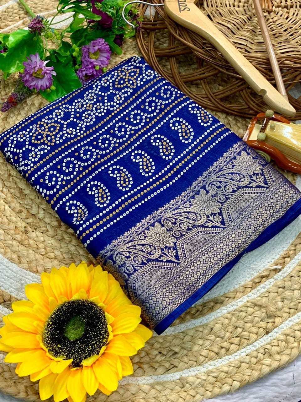 New Cotton Dola Silk Jacquard Border Bandhani Printed Jari Work Sari