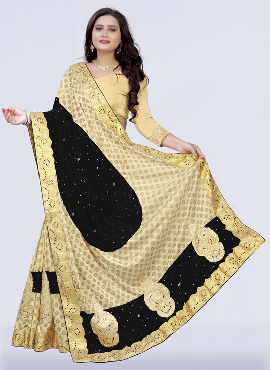 Velvet & Lycra Blend Embroidered Saree Diamond Border with Blouse Piece