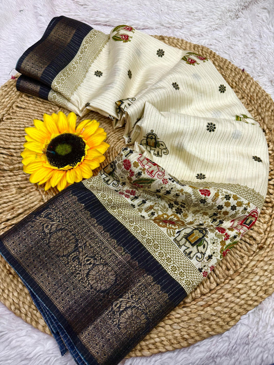 Dola Silk Jacquard Border Warli Printed Jari Work Sari with Blouse