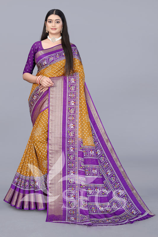 Chanderi Silk Jaqurd Digital Print Border Daily Wear Printed Saree with Blouse