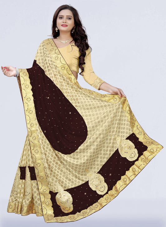 Velvet & Lycra Blend Embroidered Saree Diamond Border with Blouse Piece