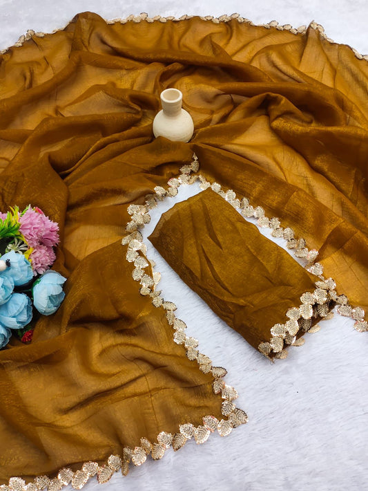 Jalpari Chiffon Golden Shining Super hot Sequnce lace Pattern in limited edition Saree