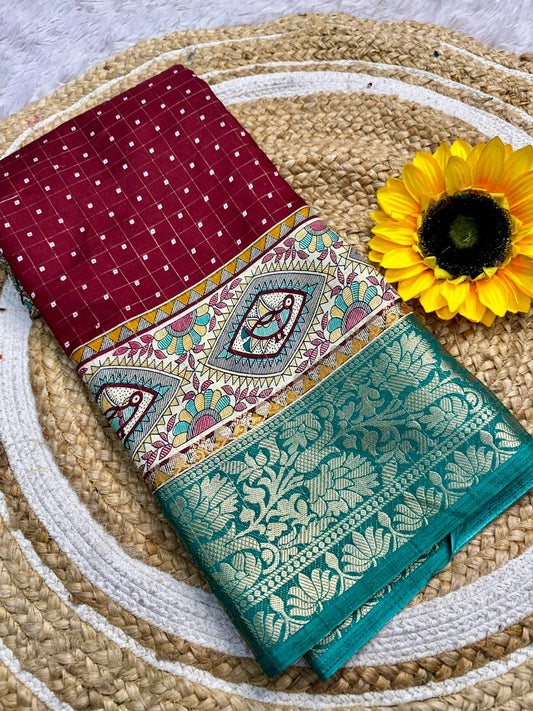 Cotton Jacquard Border Dola Silk Bandhani Printed Jari Work Sari