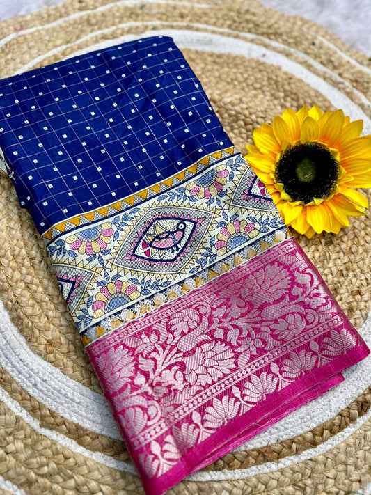 Cotton Jacquard Border Dola Silk Bandhani Printed Jari Work Sari