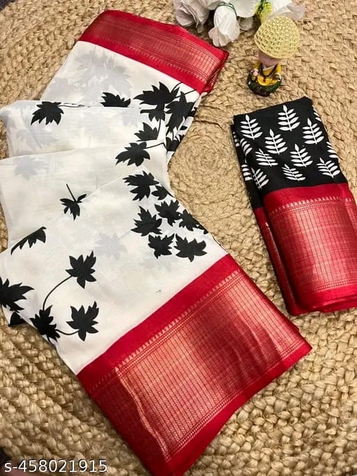 Dola Jequard Border Digital Printed saree with Printed beautiful Art Work With Blouse