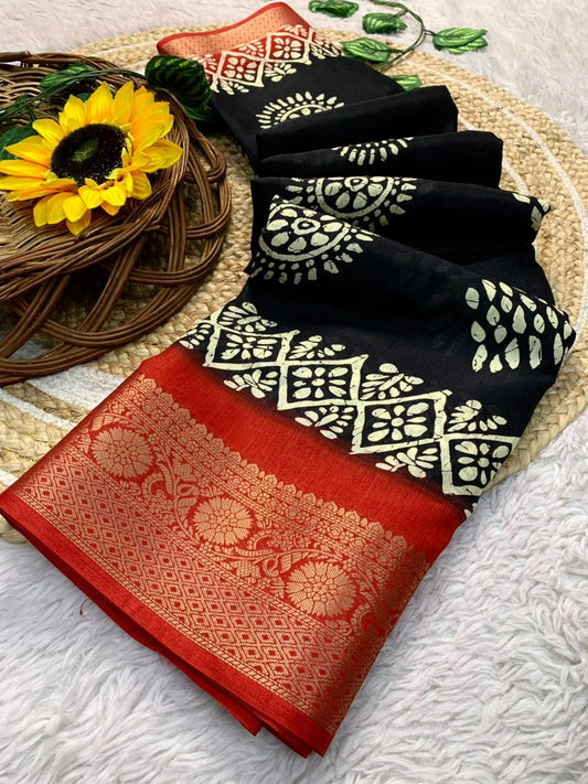 Dola Jequard Border Digital Printed Saree & Printed beautiful Art Work