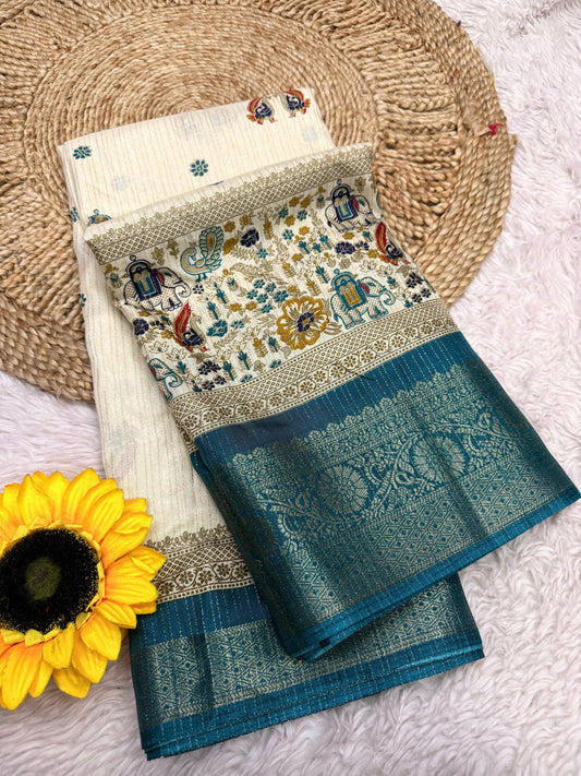 Dola Silk Jacquard Border Warli Printed Jari Work Sari with Blouse