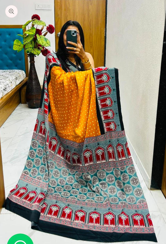 Bollywood Pure Japan Crape Silk & Gajji Silk Bollywood Saree with Printed Blouse
