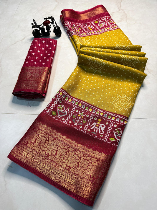 Cotton Dola Silk Jacquard Border Warli Printed Jari Work Sari with Blouse