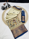 Dola Silk Jacquard Border Warli Printed Jari Work Sari with Blouse