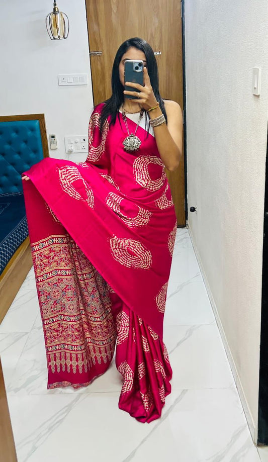 Bollywood Designer Gaji Silk Designer Saree with Printed Pallu & Contrast Blouse