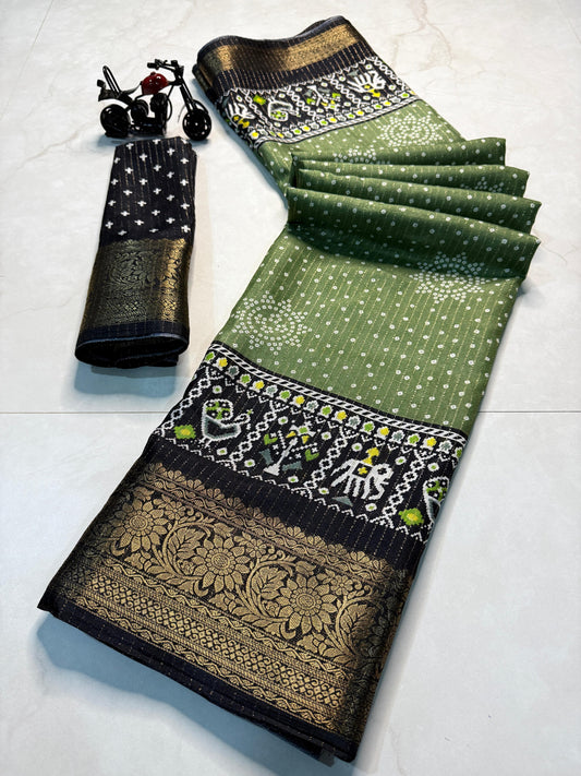 Cotton Dola Silk Jacquard Border Warli Printed Jari Work Sari with Blouse